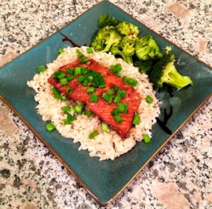 wild Alaskan salmon marinated in Trader Joe's Soyaki sauce, brown rice, green onion, and broccoli